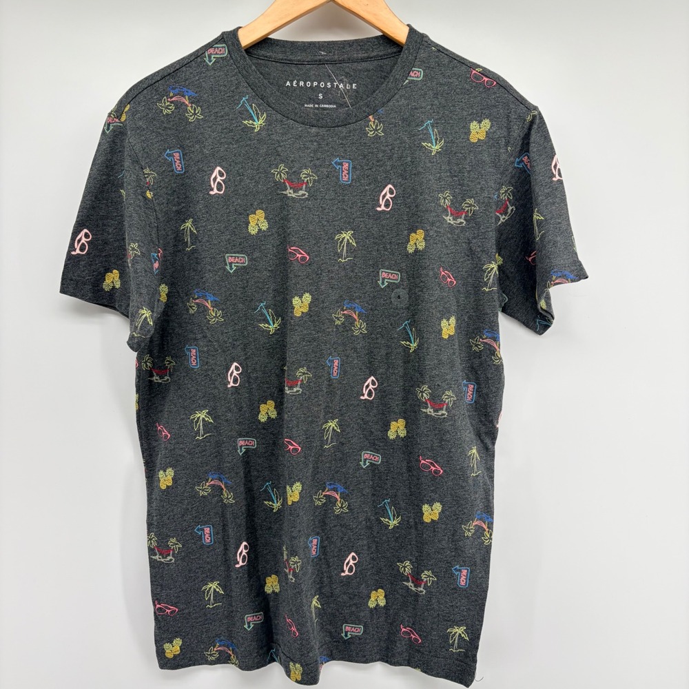 Aeropostale T Shirt Mens Small Gray Neon Tropical Palm Tree Pineapple Beach NWT